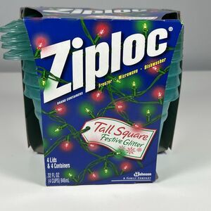 Ziploc TALL Square 4 Containers 4 Lids Glitter Green Limited Edition Holiday NOS